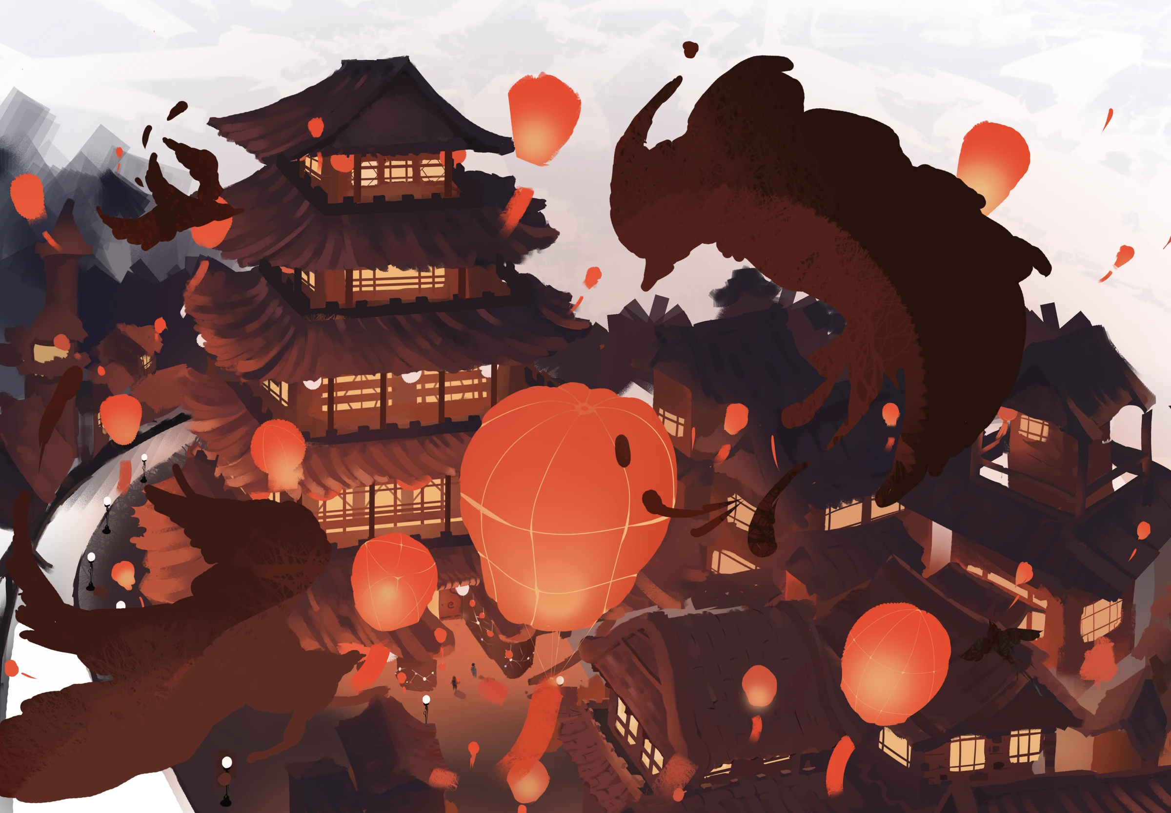 宋胜熙手绘场景作品，灯笼与建筑
